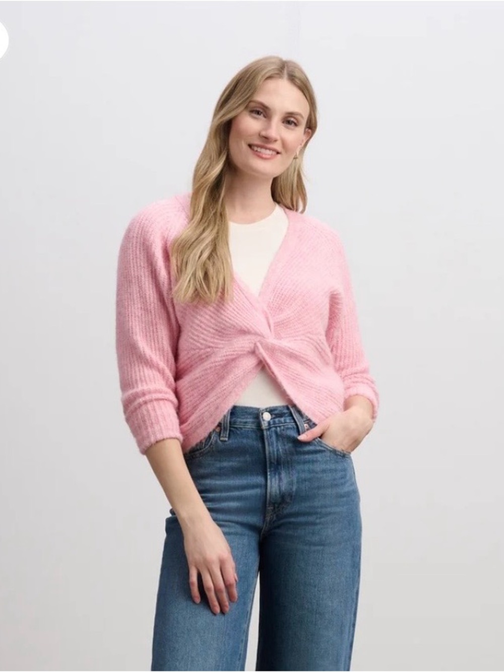 Hatley Soft Knit Wool Blend Twist-Front Crossover Sweater in Pastel Pink